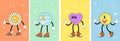 Retro groovy art poster set with characters. Sun, earth, flower and heart weird mascots on crazy vintage hippy banners Royalty Free Stock Photo