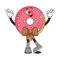 Retro groovy cartoon character fast food donat. Vintage mascot psychedelic smile, emotion. Design art for cafe, bar