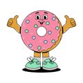 Retro groovy cartoon character fast food donat. Vintage mascot with psychedelic smile and emotion. Funky vector