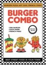 Retro groovy cartoon character fast food poster. Vintage mascot Hamburger, drink, french fries with psychedelic smile