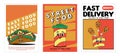 Retro groovy cartoon character fast food posters set. Vintage mascot sandwich, drink soda, chicken wings with Royalty Free Stock Photo