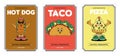 Retro groovy cartoon character fast food posters set. Vintage mascot Taco, Pizza, Hot dog with psychedelic smile and Royalty Free Stock Photo