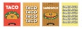 Retro groovy cartoon character fast food posters set. Vintage mascot taco and sandwich with psychedelic smile and Royalty Free Stock Photo