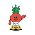 Retro groovy cartoon character vegetable Radish. Vintage funny mascot sticker with psychedelic smile and emotion. Cute