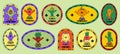 Retro groovy cartoon characters vegetables sticker pack and patches. Vintage funny mascot labels with psychedelic smile