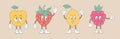 Retro groovy cartoon fruit characters. Modern cute comic mascot of lemon, berry, apple with happy smile face, hands and Royalty Free Stock Photo