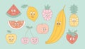 Retro groovy cartoon fruits. Modern cute comic vector mascot of watermelon, lemon, raspberry, banana, pineapple Royalty Free Stock Photo