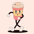 Retro groovy character in the form of a disposable cup. Walking cartoon masco. Hand drawn vector illustration isolated