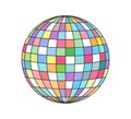 Retro groovy disco ball. Vintage hippie cartoon colorful mirrored discotheque sphere sticker. Hippy style trendy y2k