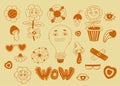 Retro groovy elements. Funny cartoon characters with faces funky flower power with patch, flowerpot, light bulb, heart