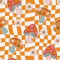 Retro 1970 Groovy Flowers and Mushroom ,Seamless Pattern Hand-Drawn Vector Illustration. Seventies Style, Groovy Peace ,rippy Grid