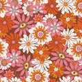 Retro 1970 Groovy Flowers,Seamless Pattern Hand-Drawn Vector Illustration. Seventies Style, Groovy Peace