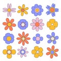Retro Groovy geometric flowers set. Hippie psychedelic daisy stickers in vintage 1970 style. Vector Disco flowers