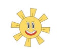 Retro groovy funky crazy sun character. Psychedelic hippie old funny solar mascot. Abstract vintage hippy bright smiley