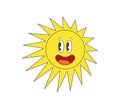 Retro groovy funky crazy sun character. Psychedelic hippie old funny solar mascot. Abstract vintage hippy bright smiley