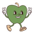 Retro groovy funny character green apple. Naughty fruit is smiling. Vector flat illustration isolated on white Royalty Free Stock Photo