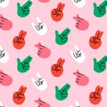 Retro groovy hands set. Hippy sticker pack. Seamless vector pattern background Royalty Free Stock Photo