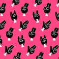 Retro groovy hands set. Hippy sticker pack. Seamless vector pattern background Royalty Free Stock Photo