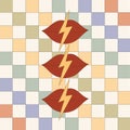 Retro groovy hippie lips with lightning sign on colorful chessboard background