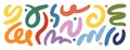 Retro groovy hippie 60s 70s abstract shapes set. Fluid organic shape colorful blobs, wavy doodle stripes inscribed. Bold