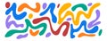 Retro groovy hippie 60s 70s abstract shapes set. Fluid organic shape colorful blobs, wavy doodle stripes inscribed. Bold