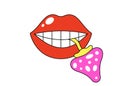 Retro groovy mushroom in mouth. Crazy hippy red lips and fly agaric. Funky psychedelic cartoon female lip. Vintage