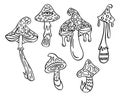 Retro groovy mushrooms set. Cosmogony psychedelic lucidity concept. Hippie party, rave trance music festival. 60s and