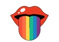 Retro groovy opened mouth with rainbow colored tongue sticking out and licking. Hippy red open lips. Funky psychedelic