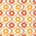 Retro Groovy Orange and Red flowers on Mid Century ogee seamless pattern.