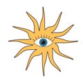 Retro groovy psychedelic sun with eye. Boho hippie cartoon element.