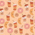 Retro groovy seamless pattern. Cute characters of coffee in paper cup to go and cookies with pastries on beige