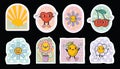 Retro groovy sticker patch set, funny mascot character kit vector cartoon vintage funny flower.