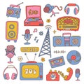 Retro groovy stickers with vintage electronics in 80s style. Vintage collection of cassette, tape recorder, phone