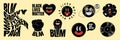 Retro groovy style BLM sticker pack set. Black lives matter labels. Hippie crazy cartoon character collection. Abstract