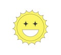 Retro groovy style crazy shiny sun character. Psychedelic hippie old solar mascot. Abstract vintage hippy smiley sticker