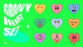 Retro groovy style heart shape set. Psychedelic hippie crazy love character collection. Vintage hippy various emoji