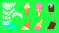 Retro groovy style ice cream cone set. Hippie melting plombir collection. Vintage hippy various melted icecream sticker