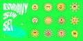 Retro groovy style shiney sun with sunbeams character set. Psychedelic hippie crazy smiley cartoon collection. Abstract Royalty Free Stock Photo