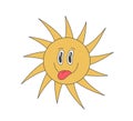 Retro groovy sun crazy character show tongue. Psychedelic hippie old funny solar mascot. Abstract vintage hippy smiley