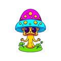 Retro groovy trippy mushroom character with funny face. Hippie space psychedelic toadstool. Hippy funky UFO fly agaric