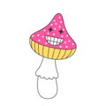 Retro groovy trippy mushroom character with happy smiling face. Hippie psychedelic weird fly agaric. Hippy funky fungus