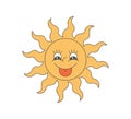 Retro groovy twisted funky sun crazy character. Psychedelic hippie funny solar mascot. Abstract vintage hippy smile