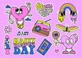 Retro Groovy Valentine's day characters stickers set with love lettering. Fun heart cartoon mascots. Hippie Royalty Free Stock Photo