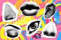 Retro halftone collage elements set for mixed media design. Eyes, lips, nose and ear in halftone texture style. Vector