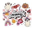 Retro Halloween quote Spooky Season. Cute Halloween ghost, pumpkin, vampire mouth.