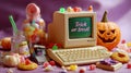 Retro Halloween Scene with Vintage Computer, Candy, and Jack-o\'-Lantern Royalty Free Stock Photo