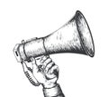 Retro hand drawn megaphone. Realistic sketch of loudspeaker. Man holding sound equipment in hands. Device for increase