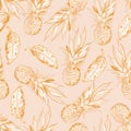 Retro hand drawn pineapple and  summer foliage with vintage texture seamless pattern vector EPS10,Design for fashion , fabric, Royalty Free Stock Photo