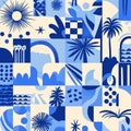 A retro hand-drawn tropical summer seamless pattern featuring a geometric patchwork tapestry background illustration Royalty Free Stock Photo