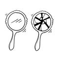 Retro hand mirror drawing set, new and broken with doodle cartoon style vector